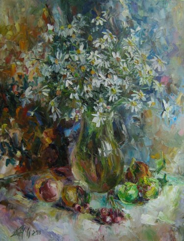 Картина под названием "Ромашки с фруктами" - Irene Kruglov, Подлинное произведение искусства
