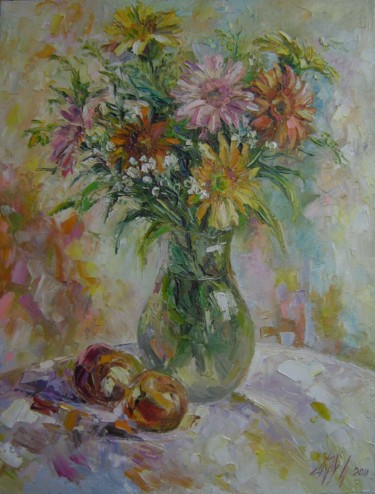 Картина под названием "Герберы с персиками" - Irene Kruglov, Подлинное произведение искусства, Масло