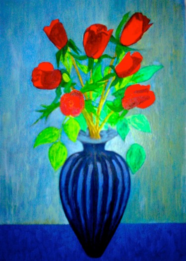 Painting titled "Red Roses In Dark B…" by Irina Rabeja, Original Artwork, Oil