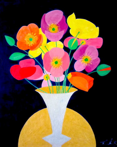 Ζωγραφική με τίτλο "Coloured Poppies in…" από Irina Rabeja, Αυθεντικά έργα τέχνης, Λάδι Τοποθετήθηκε στο Ξύλινο φορείο σκελε…