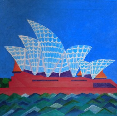 Painting titled "Sydney Opera House…" by Irina Rabeja, Original Artwork, Oil Mounted on Wood Stretcher frame