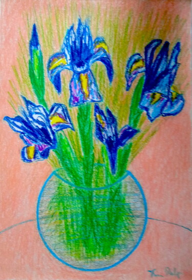 Malerei mit dem Titel "Irises in Glass Vase" von Irina Rabeja, Original-Kunstwerk, Pastell