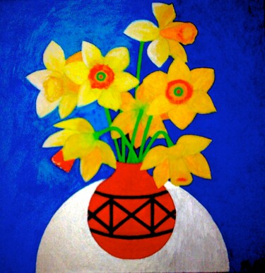 Pittura intitolato "Daffodils in Red Va…" da Irina Rabeja, Opera d'arte originale, Olio
