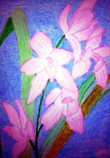 Painting titled "Pink Orchids on Blue" by Irina Rabeja, Original Artwork, Pastel