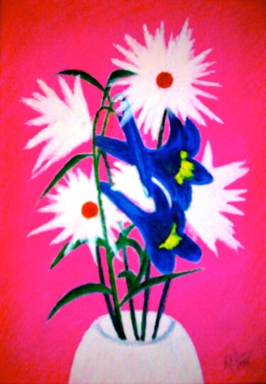 Painting titled "Blue Lilies in Vase…" by Irina Rabeja, Original Artwork, Acrylic