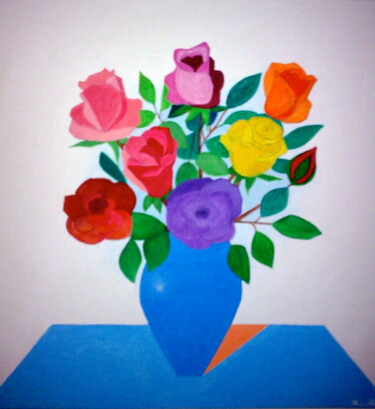 Painting titled "Roses in Blue Vase" by Irina Rabeja, Original Artwork, Oil Mounted on Wood Stretcher frame