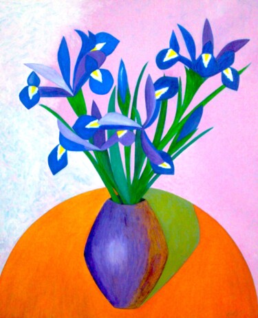 Painting titled "Irises on Orange Ta…" by Irina Rabeja, Original Artwork, Oil Mounted on Wood Stretcher frame