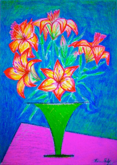Peinture intitulée "Orange Lilies in Gr…" par Irina Rabeja, Œuvre d'art originale, Pastel