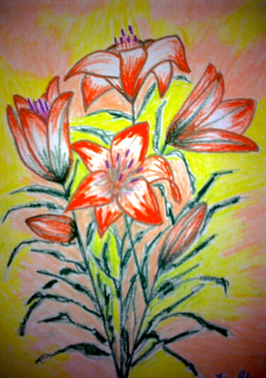 Painting titled "Orange Lilies on Ye…" by Irina Rabeja, Original Artwork, Pastel