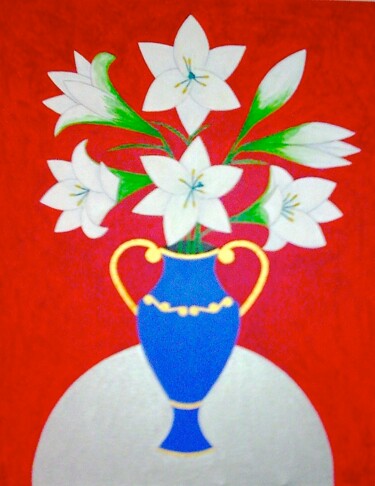 Painting titled "White Lilies in Blu…" by Irina Rabeja, Original Artwork, Acrylic Mounted on Wood Stretcher frame