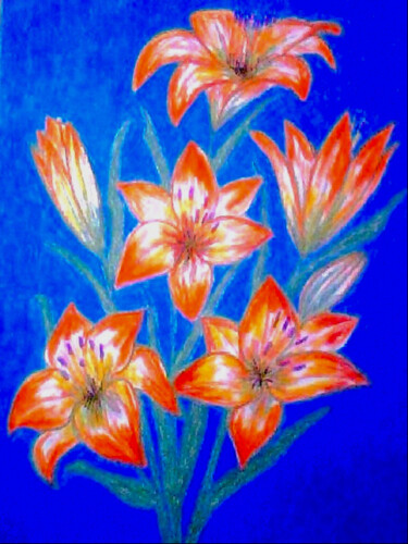 Peinture intitulée "Orange Lilies on Bl…" par Irina Rabeja, Œuvre d'art originale, Pastel