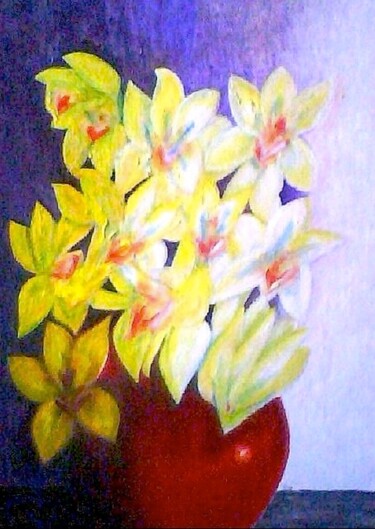 Painting titled "Yellow Orchids in R…" by Irina Rabeja, Original Artwork, Oil Mounted on Cardboard