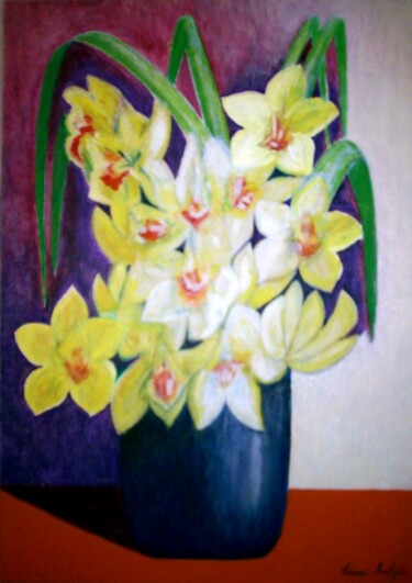 Peinture intitulée "Yellow Orchids in B…" par Irina Rabeja, Œuvre d'art originale, Huile Monté sur Carton