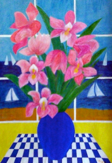 Painting titled "Orchids at Window" by Irina Rabeja, Original Artwork, Acrylic