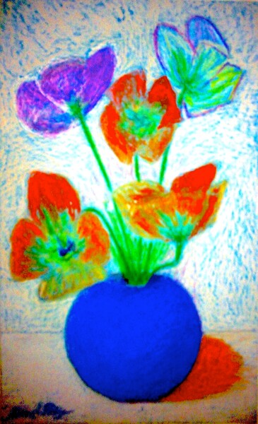 Картина под названием "Poppies in Blue Vase" - Irina Rabeja, Подлинное произведение искусства, Пастель