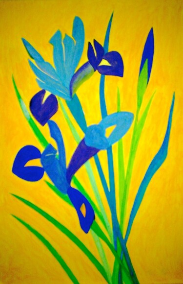 Картина под названием "Irises on Orange" - Irina Rabeja, Подлинное произведение искусства, Акрил