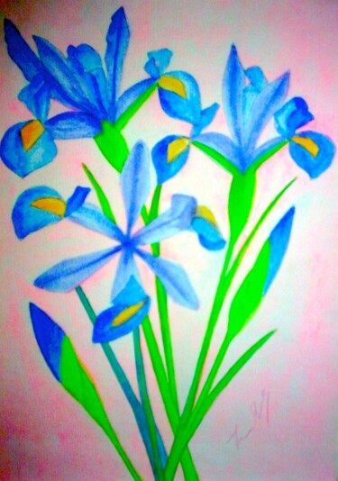 Картина под названием "Irises on Pink" - Irina Rabeja, Подлинное произведение искусства, Акрил
