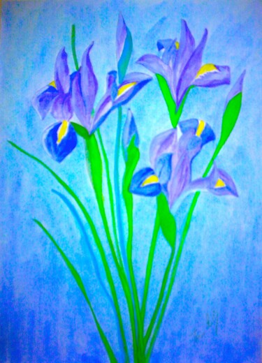 Peinture intitulée "Irises on Blue" par Irina Rabeja, Œuvre d'art originale, Acrylique