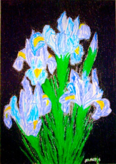 Картина под названием "Light-Blue Irises o…" - Irina Rabeja, Подлинное произведение искусства, Пастель