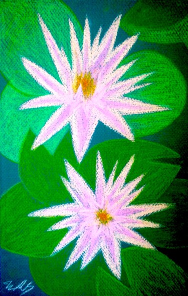 Malerei mit dem Titel "Pink Waterlilies" von Irina Rabeja, Original-Kunstwerk, Pastell