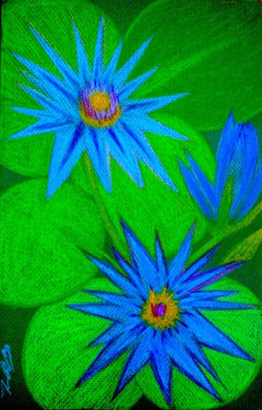 Painting titled "Blue Waterlilies" by Irina Rabeja, Original Artwork, Pastel