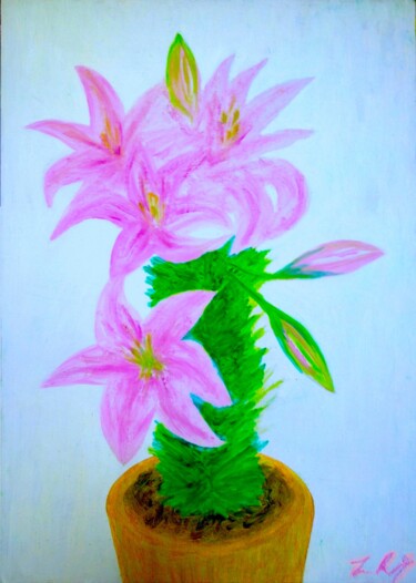 Painting titled "Lily in Pot" by Irina Rabeja, Original Artwork, Oil Mounted on Cardboard