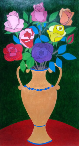 Peinture intitulée "Roses in Tall Vase" par Irina Rabeja, Œuvre d'art originale, Huile