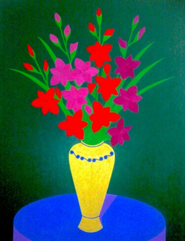 Schilderij getiteld "Gladioli in Vase" door Irina Rabeja, Origineel Kunstwerk, Olie Gemonteerd op Frame voor houten brancard