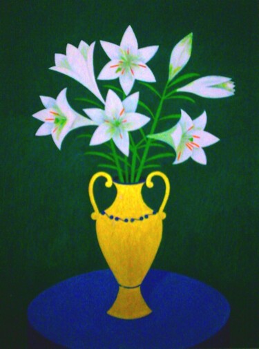 Картина под названием "White Lilies in Vase" - Irina Rabeja, Подлинное произведение искусства, Масло Установлен на Деревянна…
