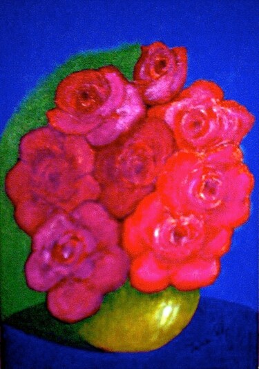 Painting titled "Red Roses in Ochre…" by Irina Rabeja, Original Artwork, Oil Mounted on Cardboard