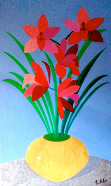 Painting titled "Red Orchid in Pot" by Irina Rabeja, Original Artwork, Oil Mounted on Wood Stretcher frame