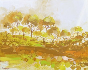 Schilderij getiteld "Golden Landscape" door Irina Rumyantseva, Origineel Kunstwerk, Acryl