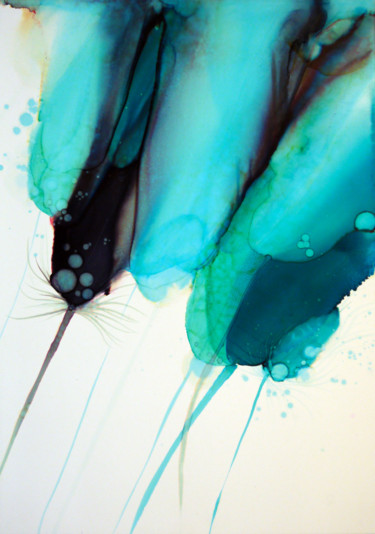 Painting titled "Teal Flame" by Irina Rumyantseva, Original Artwork, Ink