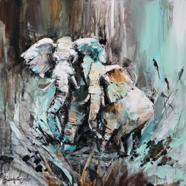 Painting titled "Wild Elephants" by Irina Rumyantseva, Original Artwork, Acrylic Mounted on Wood Stretcher frame