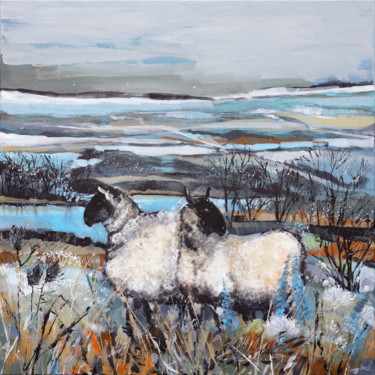 Painting titled "Sheep In The Countr…" by Irina Rumyantseva, Original Artwork, Acrylic Mounted on Wood Stretcher frame