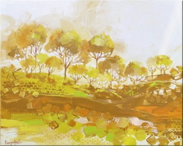 Malerei mit dem Titel "Golden Landscape 2" von Irina Rumyantseva, Original-Kunstwerk, Acryl Auf Keilrahmen aus Holz montiert