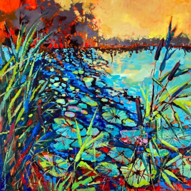 Painting titled "Sunset Lake" by Irina Rumyantseva, Original Artwork, Acrylic Mounted on Wood Stretcher frame