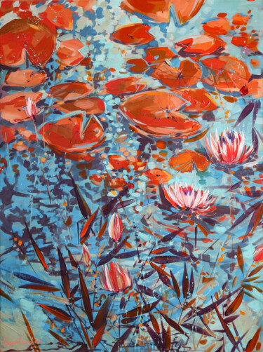 Painting titled "Red Water Lilies 2" by Irina Rumyantseva, Original Artwork, Acrylic