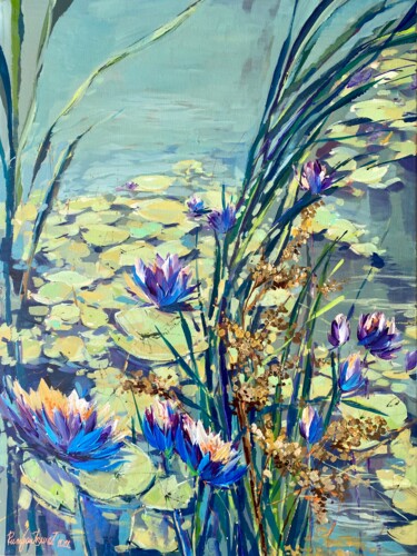 Painting titled "Flowering Water Lil…" by Irina Rumyantseva, Original Artwork, Acrylic Mounted on Wood Stretcher frame