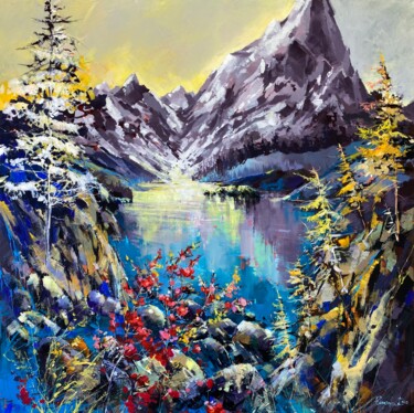 Schilderij getiteld "Mountainside Lake V…" door Irina Rumyantseva, Origineel Kunstwerk, Acryl Gemonteerd op Frame voor houte…