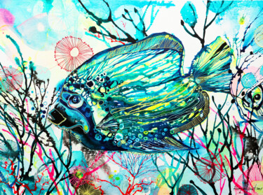 Pintura titulada "Tropical Fish C02N01" por Irina Rumyantseva, Obra de arte original, Acrílico Montado en Bastidor de camill…
