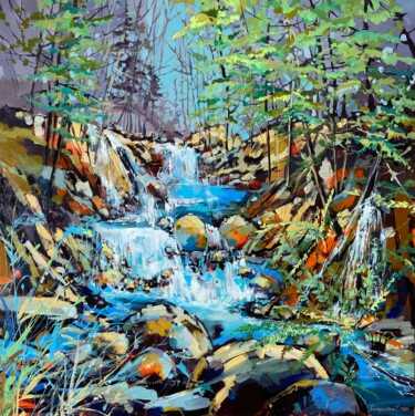 Painting titled "River Falls" by Irina Rumyantseva, Original Artwork, Acrylic Mounted on Wood Stretcher frame