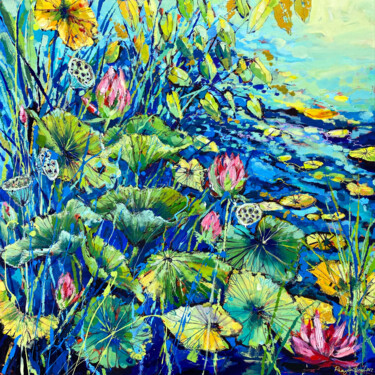 Painting titled "Pink Flowers and Wa…" by Irina Rumyantseva, Original Artwork, Acrylic Mounted on Wood Stretcher frame