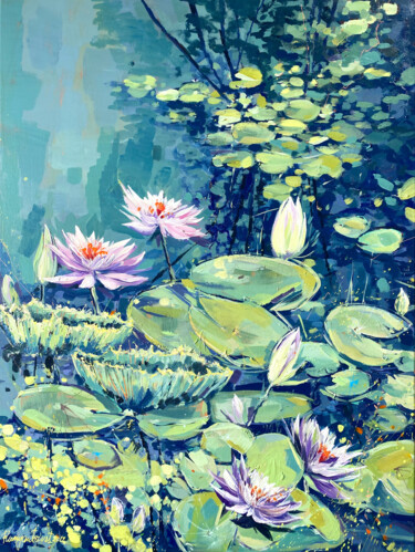 Malerei mit dem Titel "Flowering Water Lil…" von Irina Rumyantseva, Original-Kunstwerk, Acryl Auf Keilrahmen aus Holz montie…