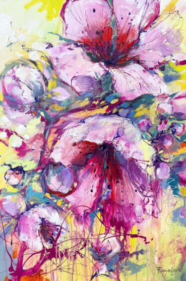 Painting titled "Vibrant Pink Flowers" by Irina Rumyantseva, Original Artwork, Acrylic Mounted on Wood Stretcher frame