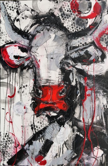 Schilderij getiteld "Cow With The Red No…" door Irina Rumyantseva, Origineel Kunstwerk, Acryl