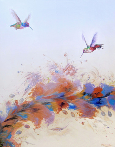 Painting titled "Flowers and Birds" by Irini Karpikioti, Original Artwork, Acrylic