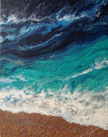 Painting titled "Seascape "Turquoise…" by Irini Karpikioti, Original Artwork, Acrylic Mounted on Wood Stretcher frame