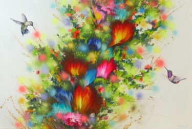 Peinture intitulée "Flowers and Humming…" par Irini Karpikioti, Œuvre d'art originale, Acrylique Monté sur Châssis en bois