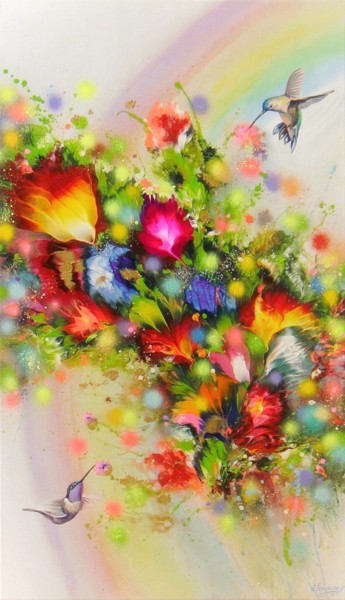 Pintura intitulada "Hummingbirds and Ra…" por Irini Karpikioti, Obras de arte originais, Acrílico